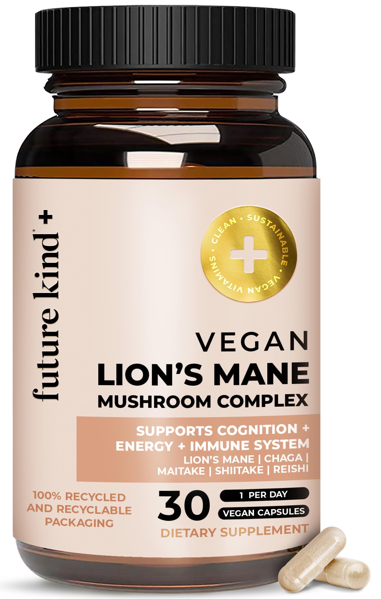 Future Kind Vegan Lion’s Mane Mushroom Complex – Brain Support with Chaga, Reishi, Maitake & Shiitake (30ct) | Memory & Focus