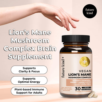 Future Kind Vegan Lion’s Mane Mushroom Complex – Brain Support with Chaga, Reishi, Maitake & Shiitake (30ct) | Memory & Focus