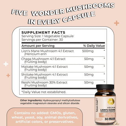 Future Kind Vegan Lion’s Mane Mushroom Complex – Brain Support with Chaga, Reishi, Maitake & Shiitake (30ct) | Memory & Focus