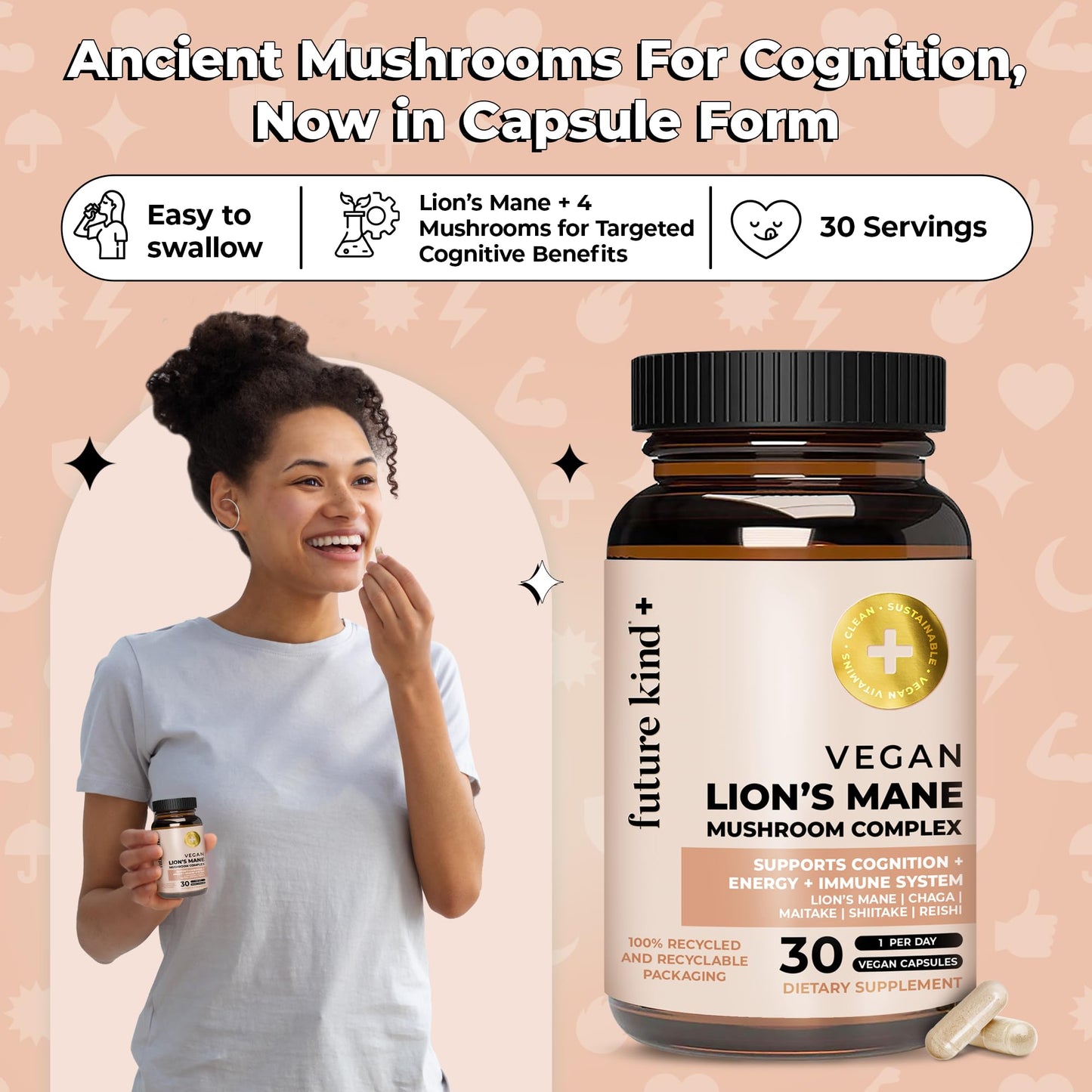 Future Kind Vegan Lion’s Mane Mushroom Complex – Brain Support with Chaga, Reishi, Maitake & Shiitake (30ct) | Memory & Focus