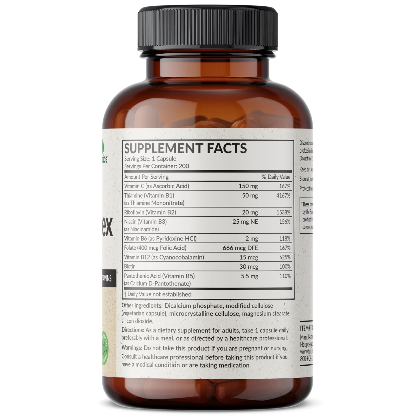 Futurebiotics Vitamin B Complex with Vitamin C - Non-GMO, 200 Veg Capsules | Energy & Immune Support