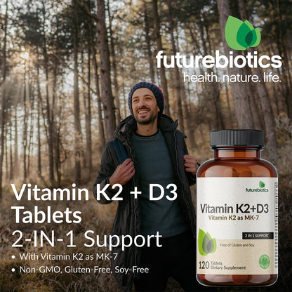 Futurebiotics Vitamin K2 with D3 - 2-in-1 Formula, 5000 IU D3 & 90 mcg K2 MK-7, Non-GMO, 120 Tablets