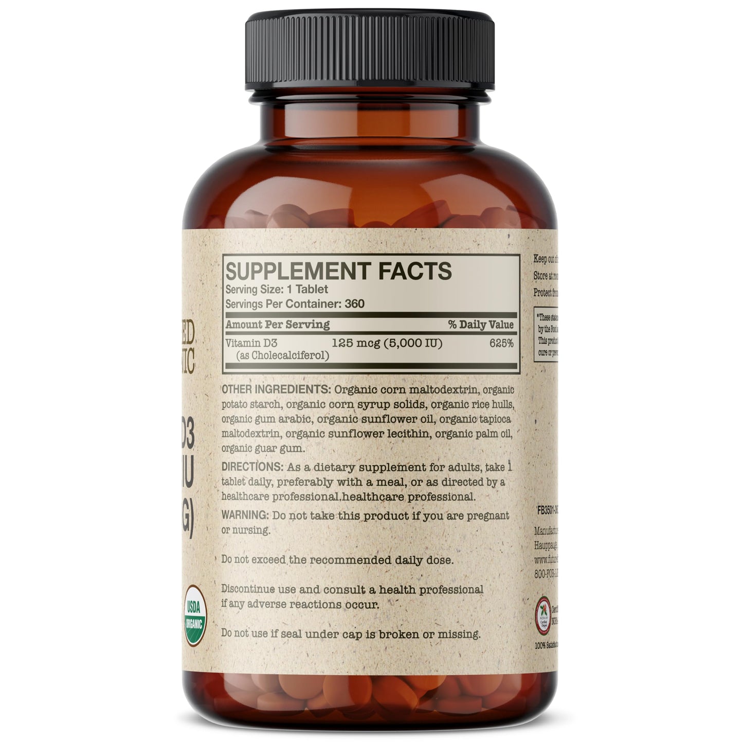 Futurebiotics Vitamin D3 5,000 IU (125 mcg) – USDA Organic, 360 Tablets