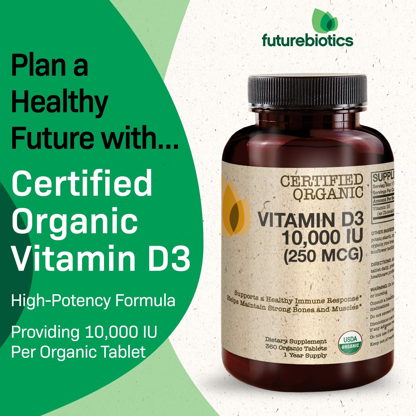 Futurebiotics Vitamin D3 10,000 IU Organic - 360 Tablets - Immune & Bone Support