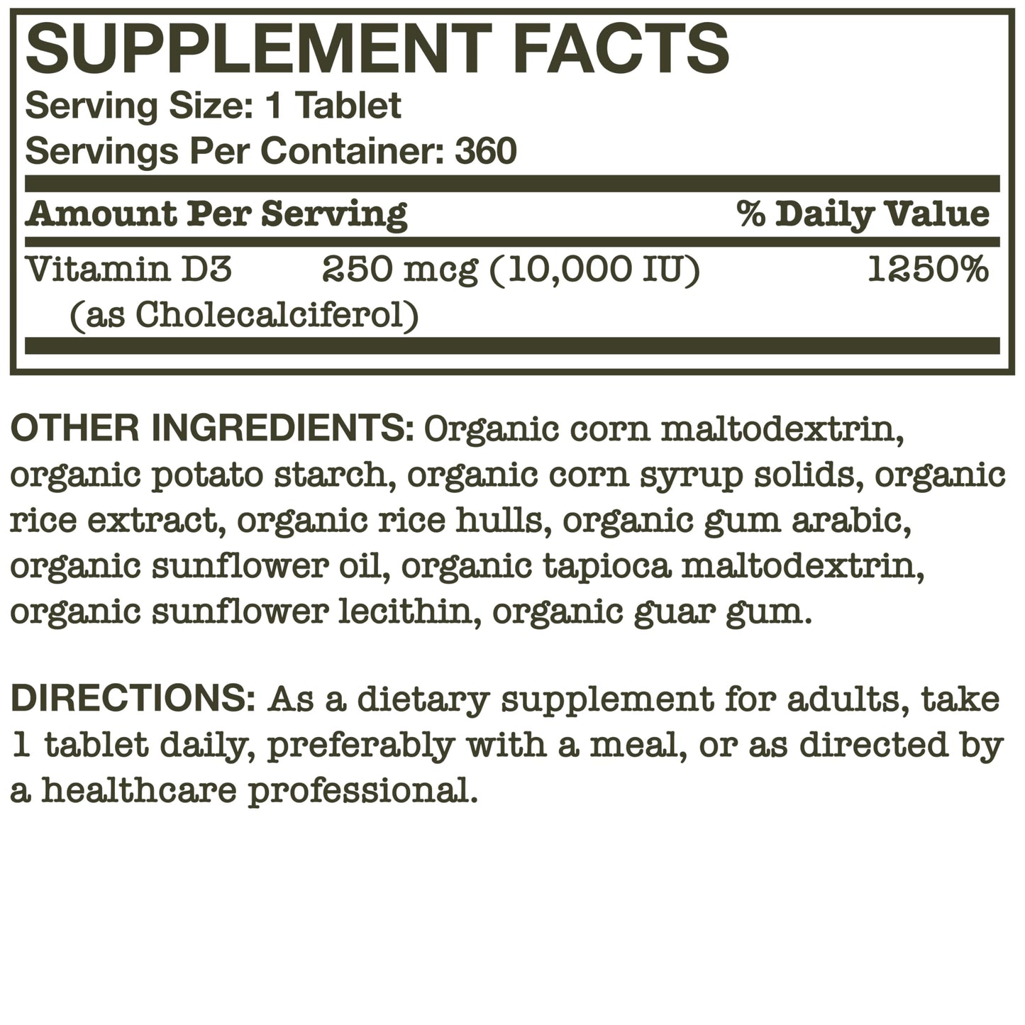 Futurebiotics Vitamin D3 10,000 IU Organic - 360 Tablets - Immune & Bone Support