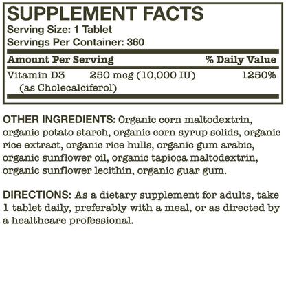 Futurebiotics Vitamin D3 10,000 IU Organic - 360 Tablets - Immune & Bone Support