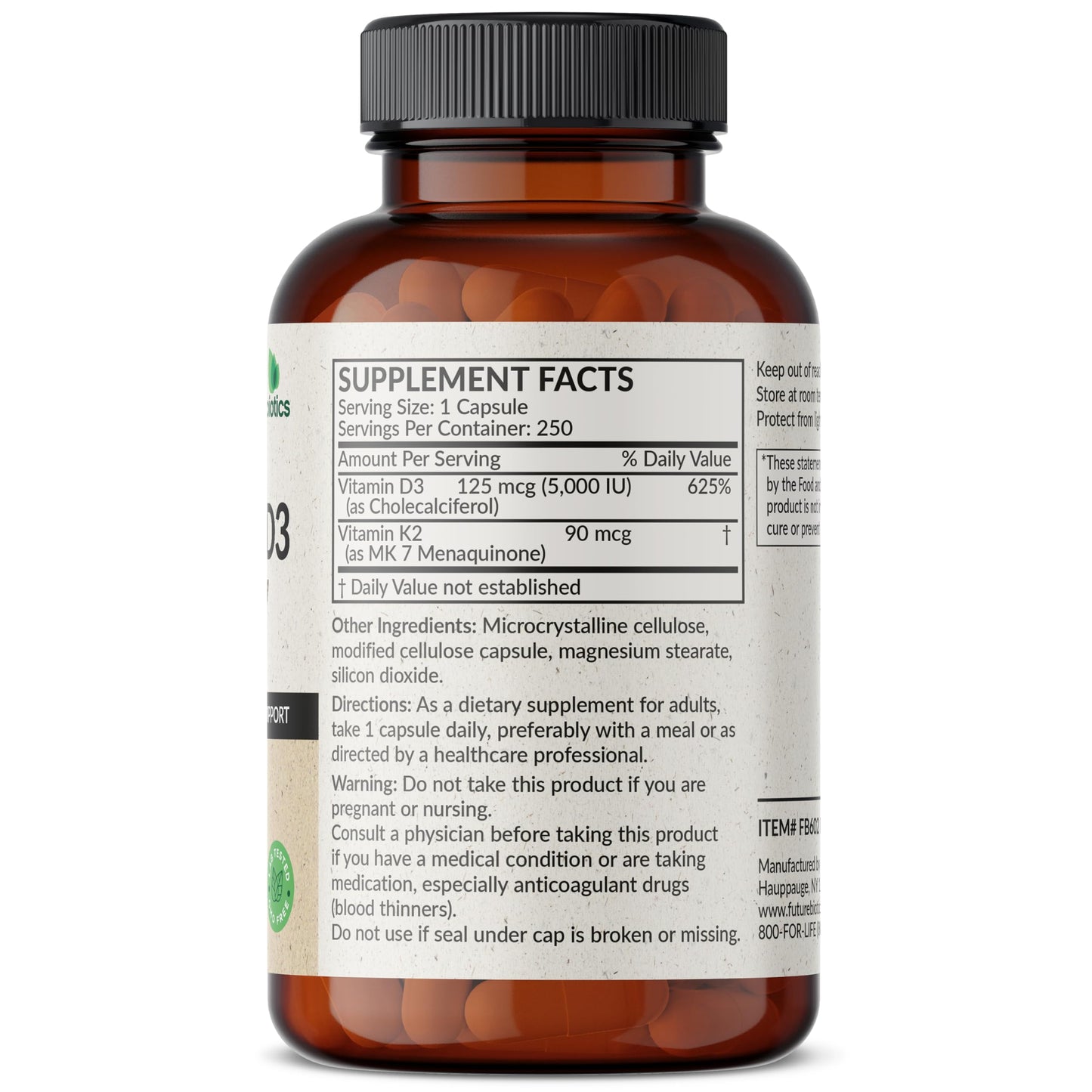 Futurebiotics Vitamin K2 MK-7 with D3 (5000 IU) - Non-GMO, 250 Veg Capsules