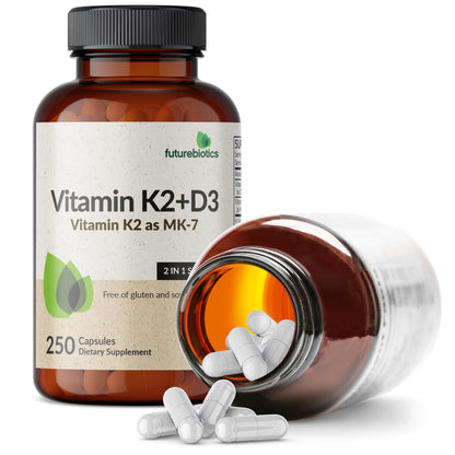 Futurebiotics Vitamin K2 MK-7 with D3 (5000 IU) - Non-GMO, 250 Veg Capsules