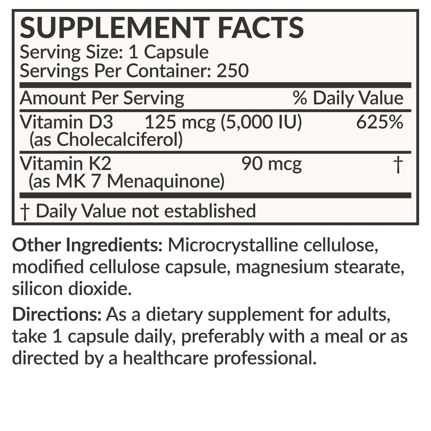 Futurebiotics Vitamin K2 MK-7 with D3 (5000 IU) - Non-GMO, 250 Veg Capsules
