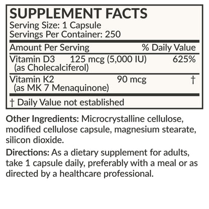 Futurebiotics Vitamin K2 MK-7 with D3 (5000 IU) - Non-GMO, 250 Veg Capsules