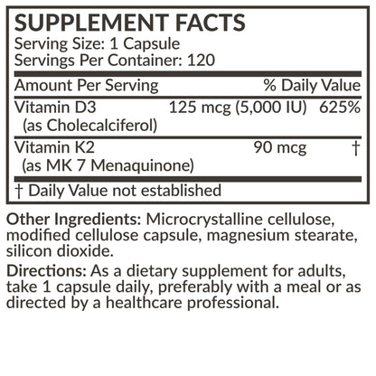 Futurebiotics Vitamin K2 MK-7 with D3 - Non-GMO, 5000 IU D3 & 90 mcg K2 MK-7, 120 Veggie Capsules