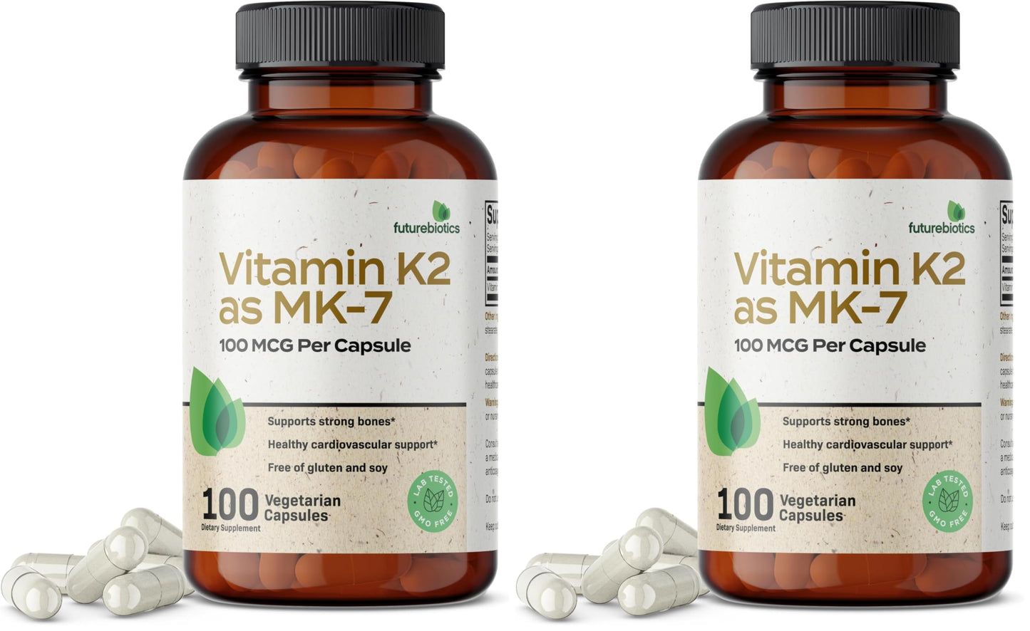 Futurebiotics Vitamin K2 as MK-7 100 mcg – Supports Strong Bones, Non-GMO, 100 Vegetarian Capsules (Pack of 2)