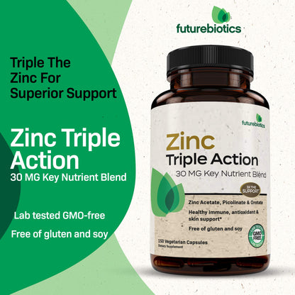Futurebiotics Zinc Triple Action 30mg: Immune Support, Antioxidant & Skin Health - 150 Vegetarian Capsules