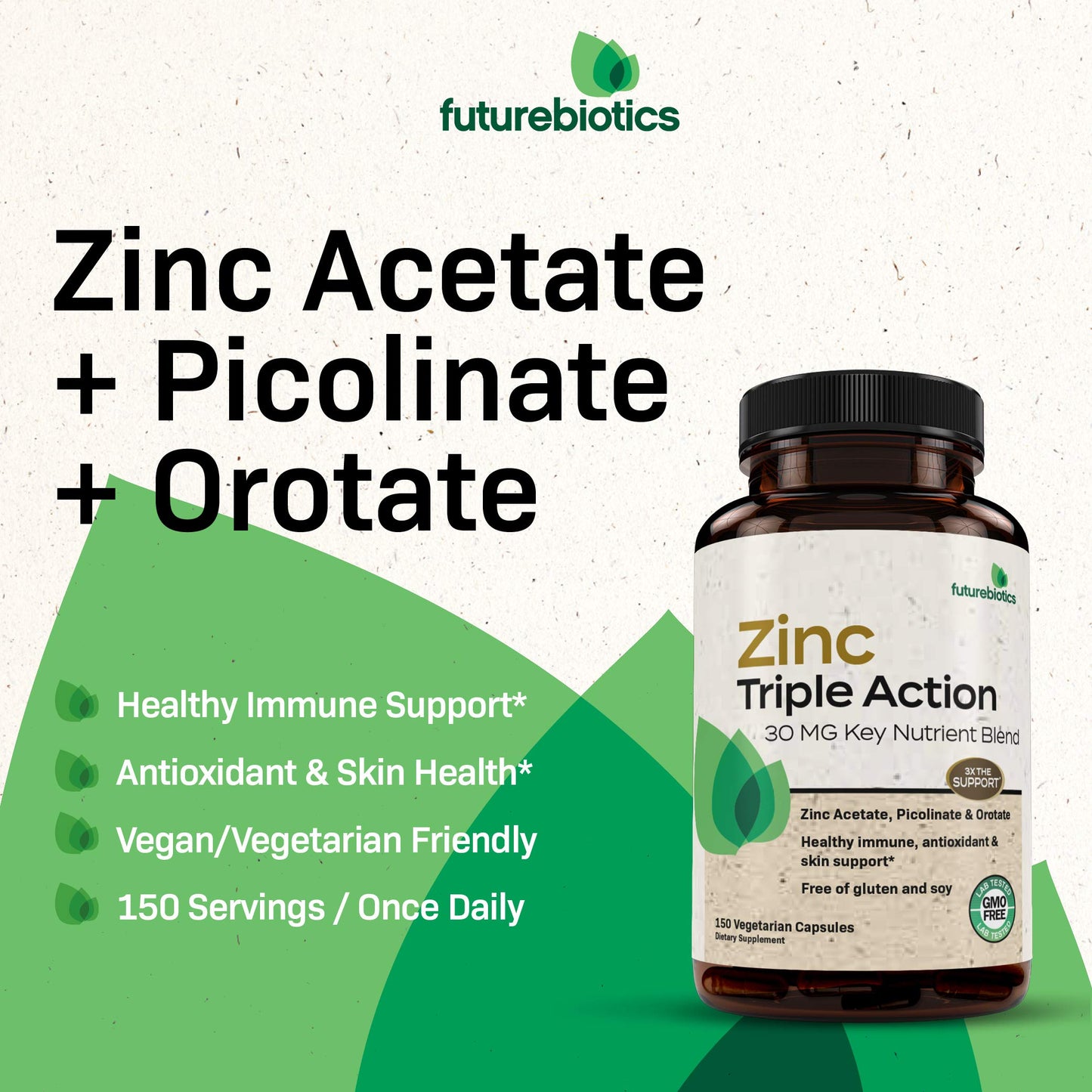 Futurebiotics Zinc Triple Action 30mg: Immune Support, Antioxidant & Skin Health - 150 Vegetarian Capsules
