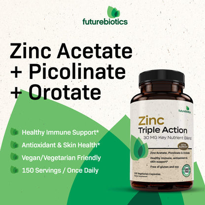 Futurebiotics Zinc Triple Action 30mg: Immune Support, Antioxidant & Skin Health - 150 Vegetarian Capsules