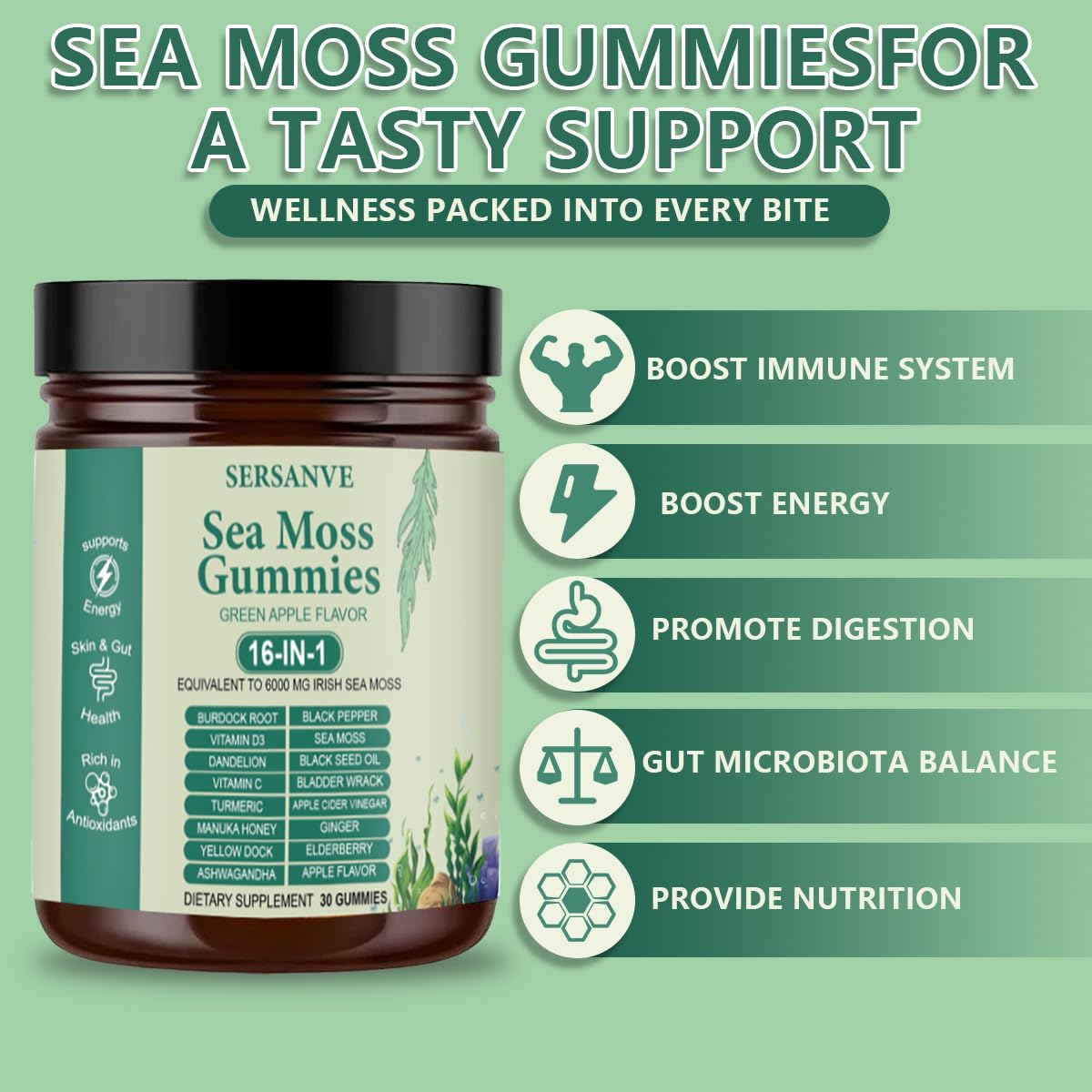 FW ZONE Sea Moss Gummies 16-in-1 with Black Seed Oil, Ashwagandha, 30 Servings – Immune Support, Wellness & Digestion