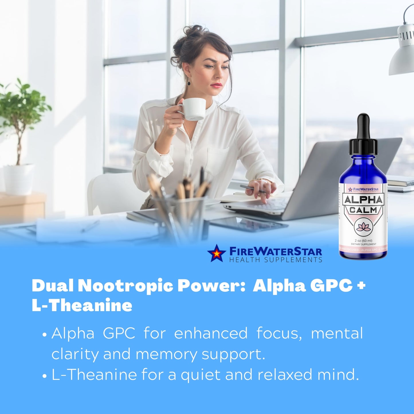 FWS Alpha Calm Liquid Drops – L-Theanine + Alpha GPC for Calm Focus (Organic, Non-GMO) | 30 Servings