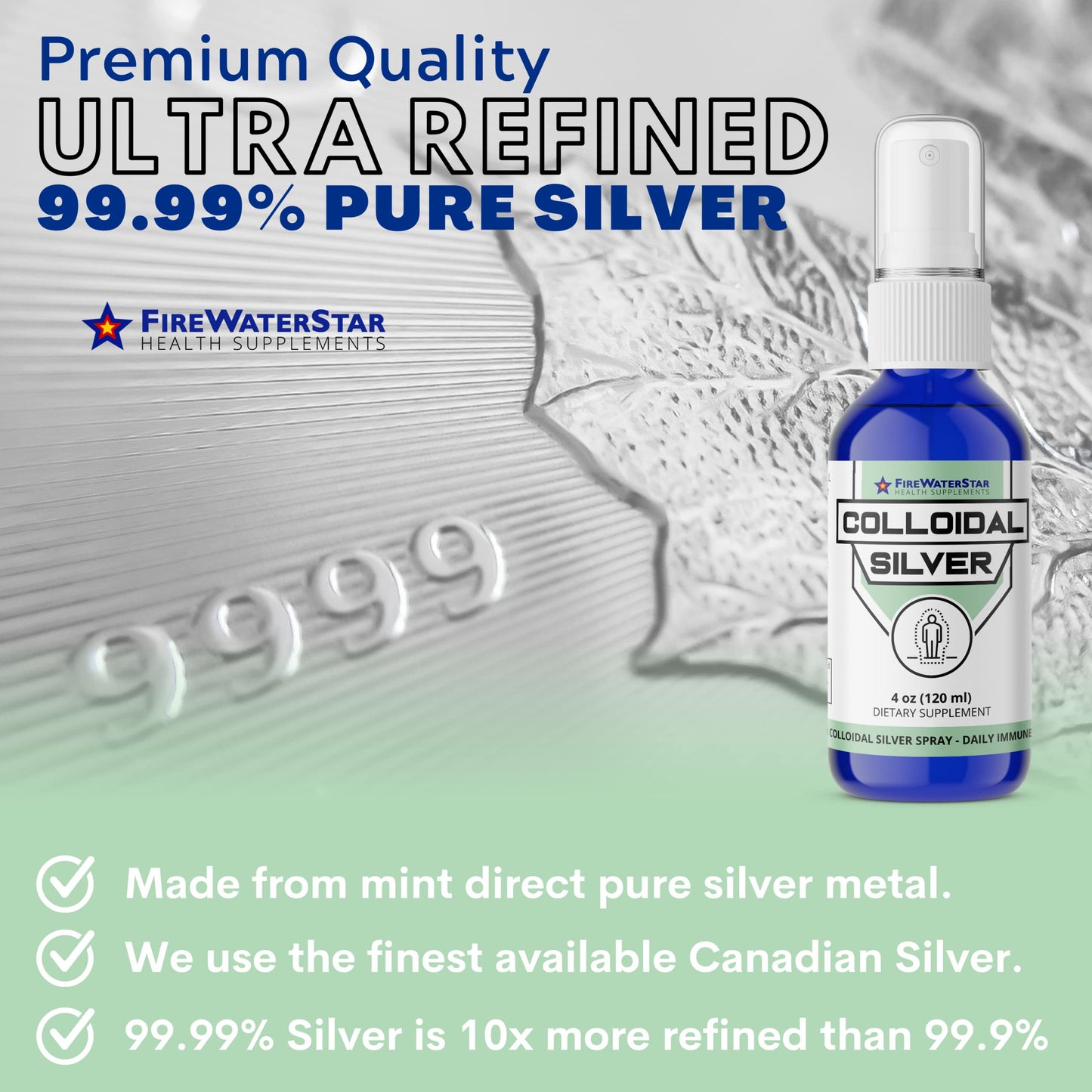 FWS Colloidal Silver Spray - 4 oz - Clear Silver - 50 ppm - 99.99% Pure Silver - Daily Immune Support