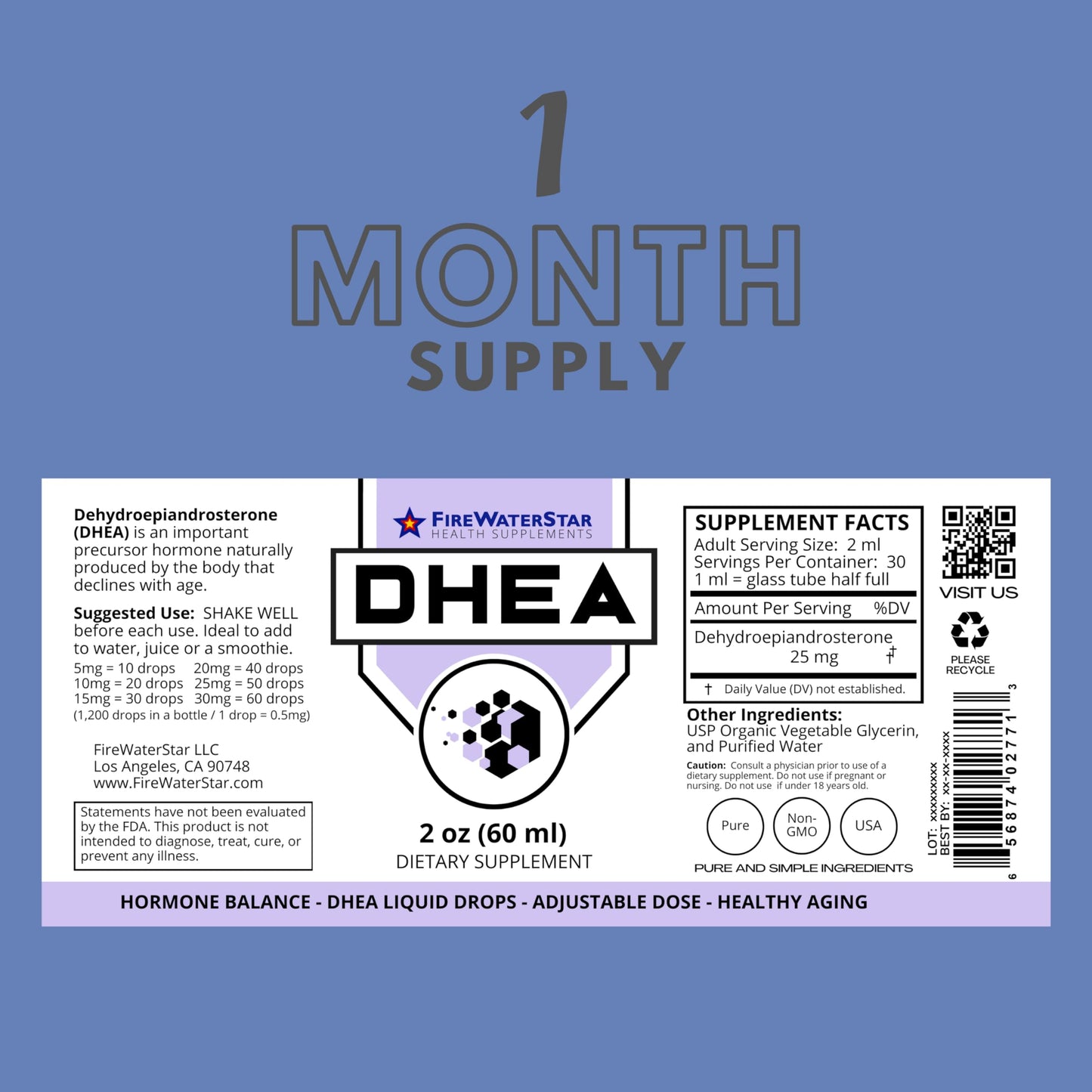 FWS DHEA Liquid Drops - Pure DHEA Supplement, Adjustable Dosing 5-50mg