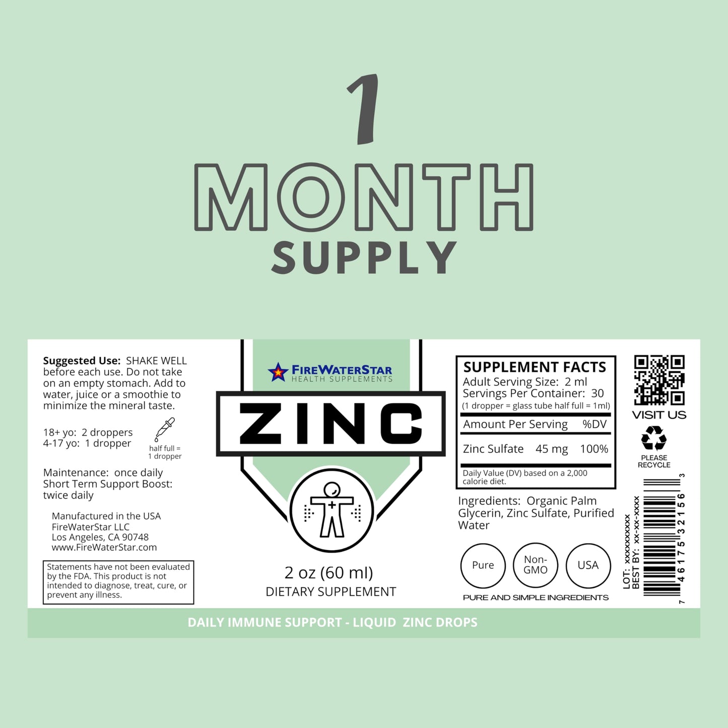 FWS Liquid Zinc Supplement for Men, Women & Kids – Organic Non-GMO Vegan Ionic Zinc Drops (2 oz, 30 Day Supply)