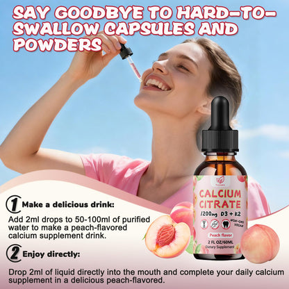 Fzjjyana Liquid Calcium Citrate Drops 1200 mg with Vitamin D3 & K2 – Peach Flavor, 2 oz, 30 Day Vegan Supply