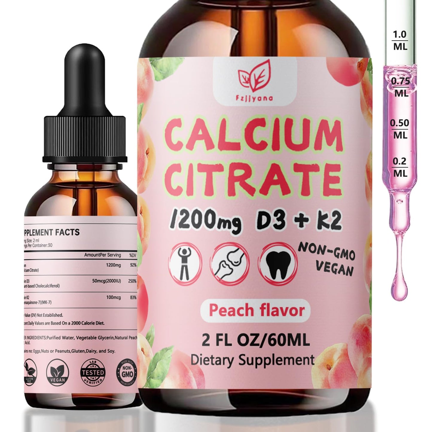 Fzjjyana Liquid Calcium Citrate Drops 1200 mg with Vitamin D3 & K2 – Peach Flavor, 2 oz, 30 Day Vegan Supply