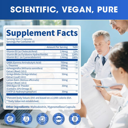 GABA 750mg with L-Theanine – 10-in-1 Calm Capsules for Sleep & Mood (90ct)