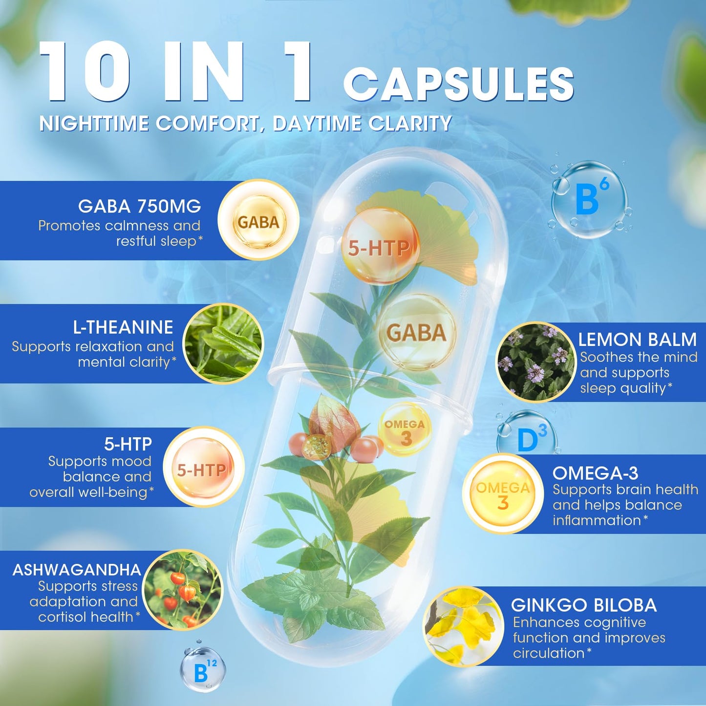 GABA 750mg with L-Theanine – 10-in-1 Calm Capsules for Sleep & Mood (90ct)