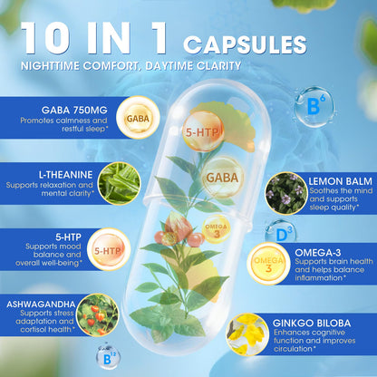 GABA 750mg with L-Theanine – 10-in-1 Calm Capsules for Sleep & Mood (90ct)