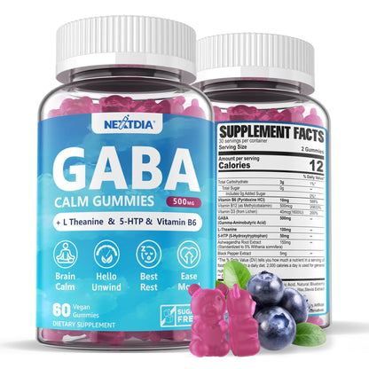 GABA Gummies 500 mg – Sugar-Free Calm Gummies with L-Theanine, 5-HTP, D3, B12 | Blueberry 1 Pack
