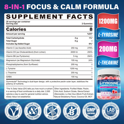 L Tyrosine Gummies 1200mg + GABA L-Theanine Calm & Focus – Vegan Brain Support