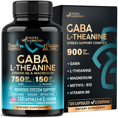GABA 750mg + L-Theanine 150mg – Made in USA | Calm, Sleep & Mood Support (120 Vegan Capsules)