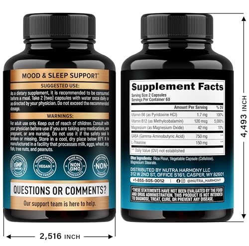 GABA 750mg + L-Theanine 150mg – Made in USA | Calm, Sleep & Mood Support (120 Vegan Capsules)
