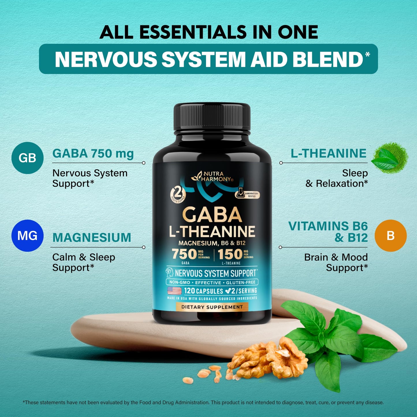 GABA 750mg + L-Theanine 150mg – Made in USA | Calm, Sleep & Mood Support (120 Vegan Capsules)