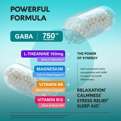 GABA 750mg + L-Theanine 150mg – Made in USA | Calm, Sleep & Mood Support (120 Vegan Capsules)