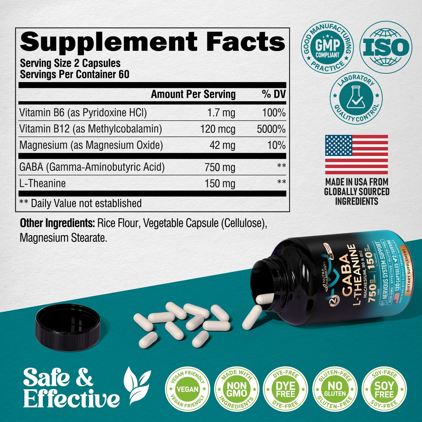 GABA 750mg + L-Theanine 150mg – Made in USA | Calm, Sleep & Mood Support (120 Vegan Capsules)