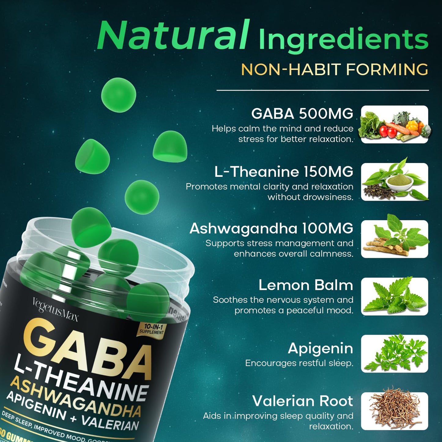 GABA L-Theanine Gummies - Sugar-Free Calm Gummies with Ashwagandha & Magnesium | Sleep & Stress Relief | Blueberry