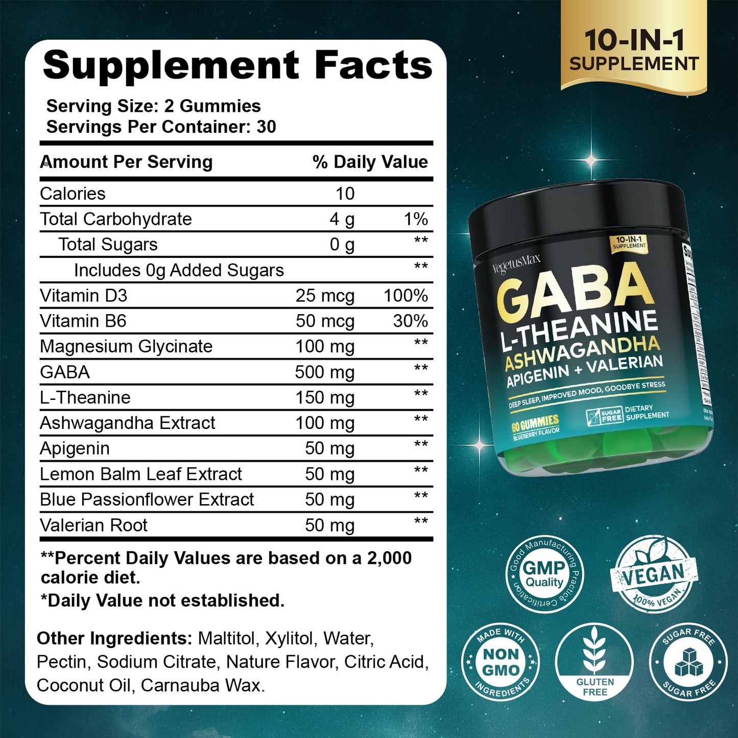 GABA L-Theanine Gummies - Sugar-Free Calm Gummies with Ashwagandha & Magnesium | Sleep & Stress Relief | Blueberry