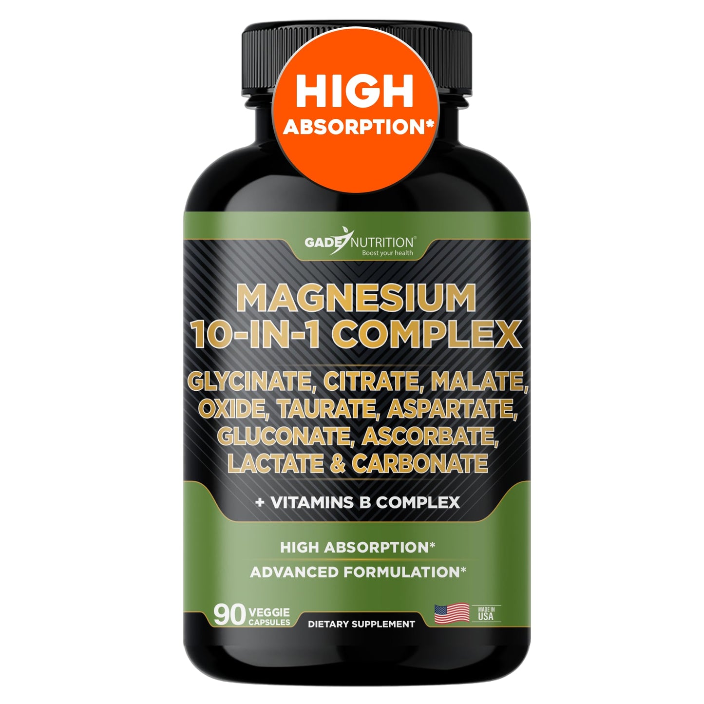 Gade Nutrition Magnesium Complex 10-in-1 – Glycinate, Citrate, Malate & More (90 Count, Pack of 1)