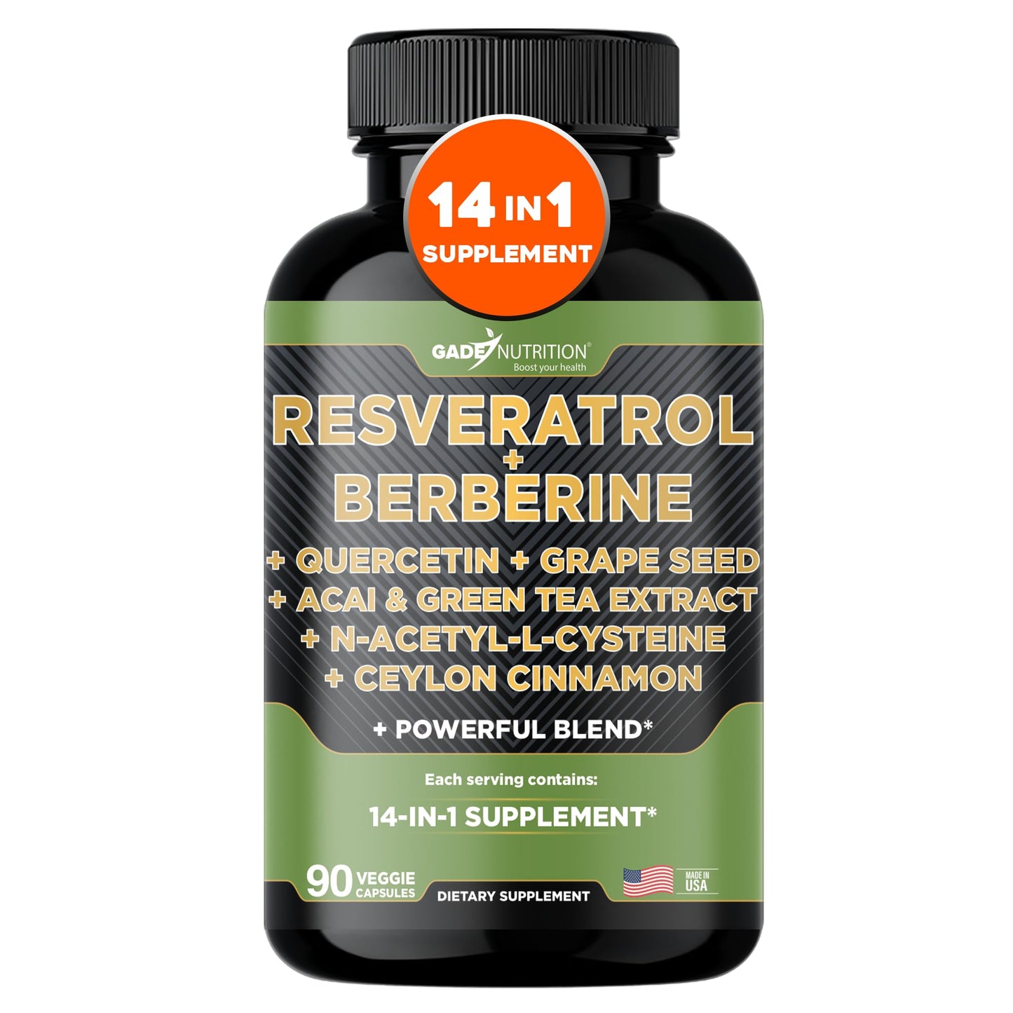 Gade Nutrition 14 in 1 Antioxidant Complex - Resveratrol, Berberine, Quercetin, Grape Seed, Green Tea, NAC, Cinnamon - Made in USA