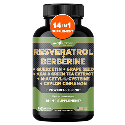 Gade Nutrition 14 in 1 Antioxidant Complex - Resveratrol, Berberine, Quercetin, Grape Seed, Green Tea, NAC, Cinnamon - Made in USA