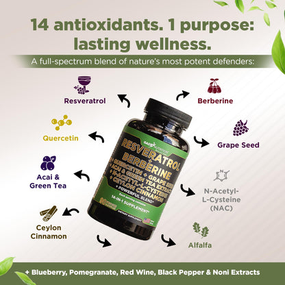 Gade Nutrition 14 in 1 Antioxidant Complex - Resveratrol, Berberine, Quercetin, Grape Seed, Green Tea, NAC, Cinnamon - Made in USA