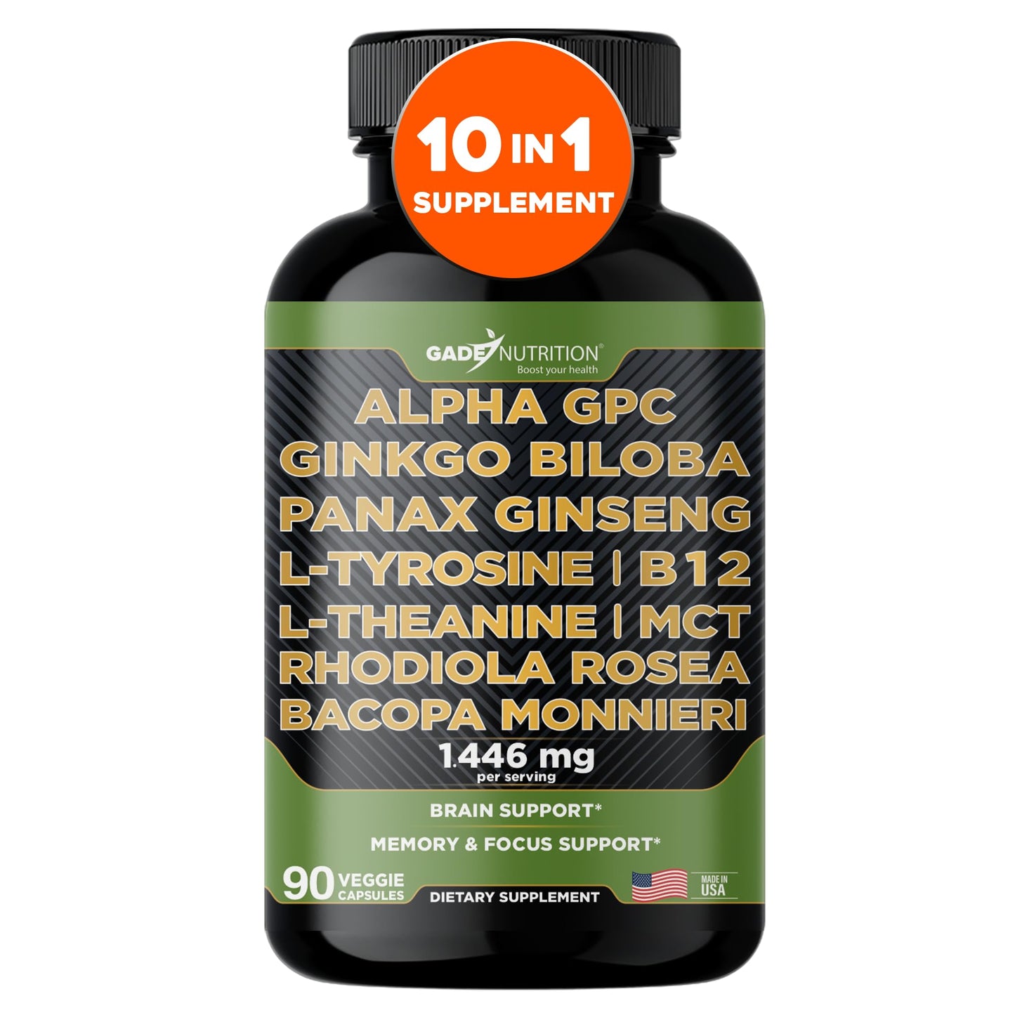 Gade Nutrition Alpha GPC + Ginkgo Biloba + Panax Ginseng + L-Tyrosine, L-Theanine, Bacopa Monnieri, Rhodiola Rosea, B12, MCT