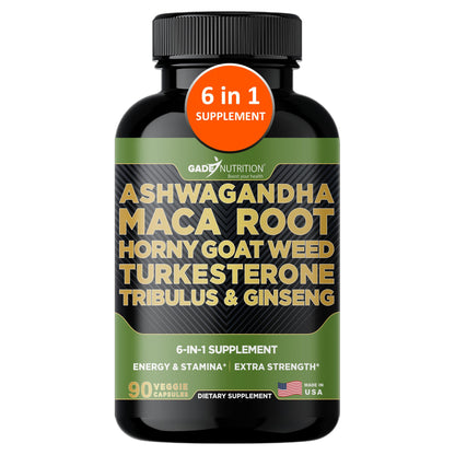 Gade Nutrition Ashwagandha 6-in-1 with Maca, Ginseng & Turkesterone | 90 Veg Capsules | Made in USA