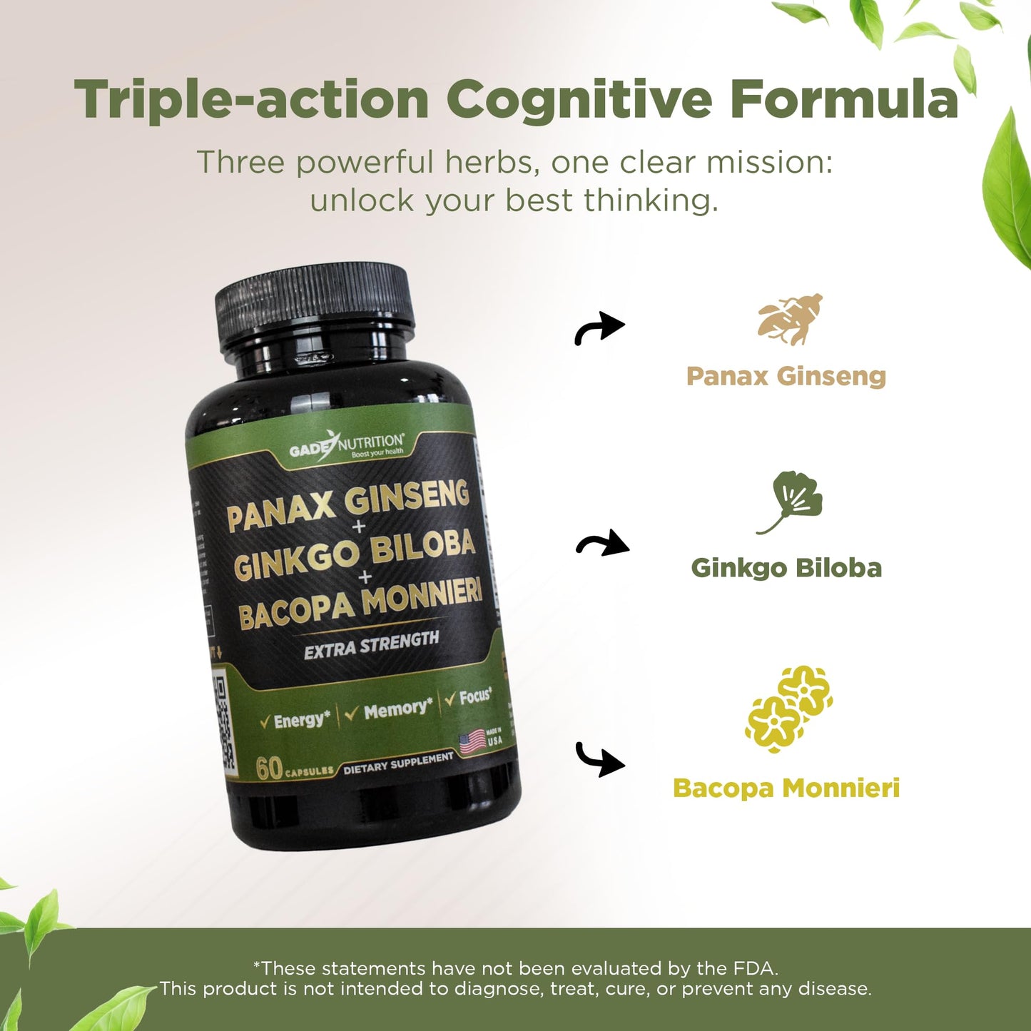 Gade Nutrition Ginkgo Biloba with Ginseng & Bacopa – Brain Memory & Focus Capsules