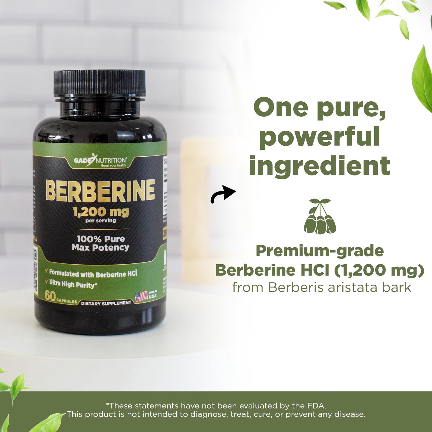 Gade Nutrition Berberine Supplement | Berberine HCl 1200 mg per Serving | Gluten Free, Non-GMO, Dairy Free | Made in USA