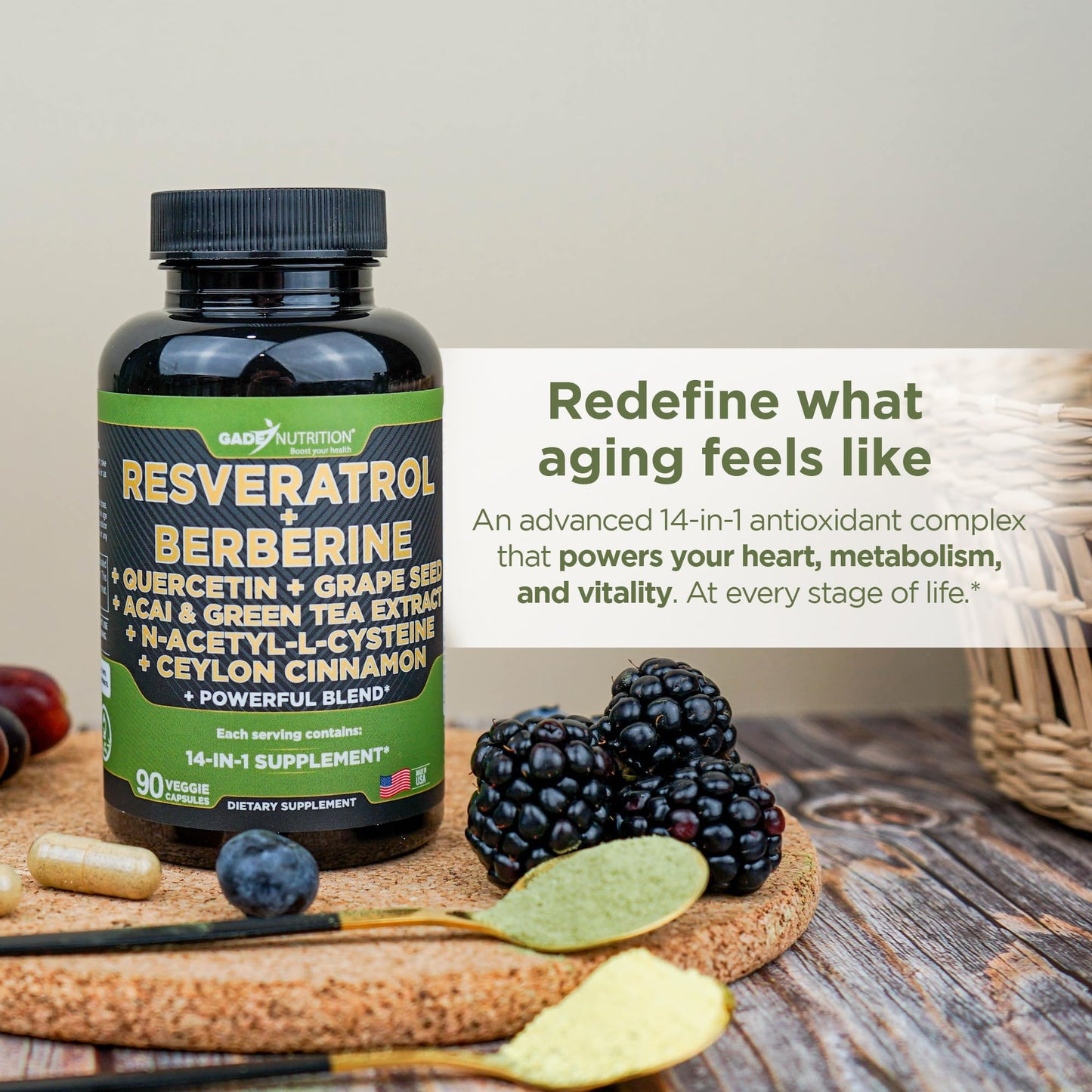 Gade Nutrition 14 in 1 Antioxidant Complex - Resveratrol, Berberine, Quercetin, Grape Seed, Green Tea, NAC, Cinnamon - Made in USA