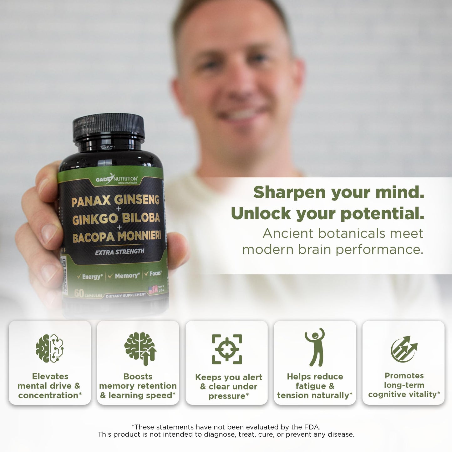 Gade Nutrition Ginkgo Biloba with Ginseng & Bacopa – Brain Memory & Focus Capsules