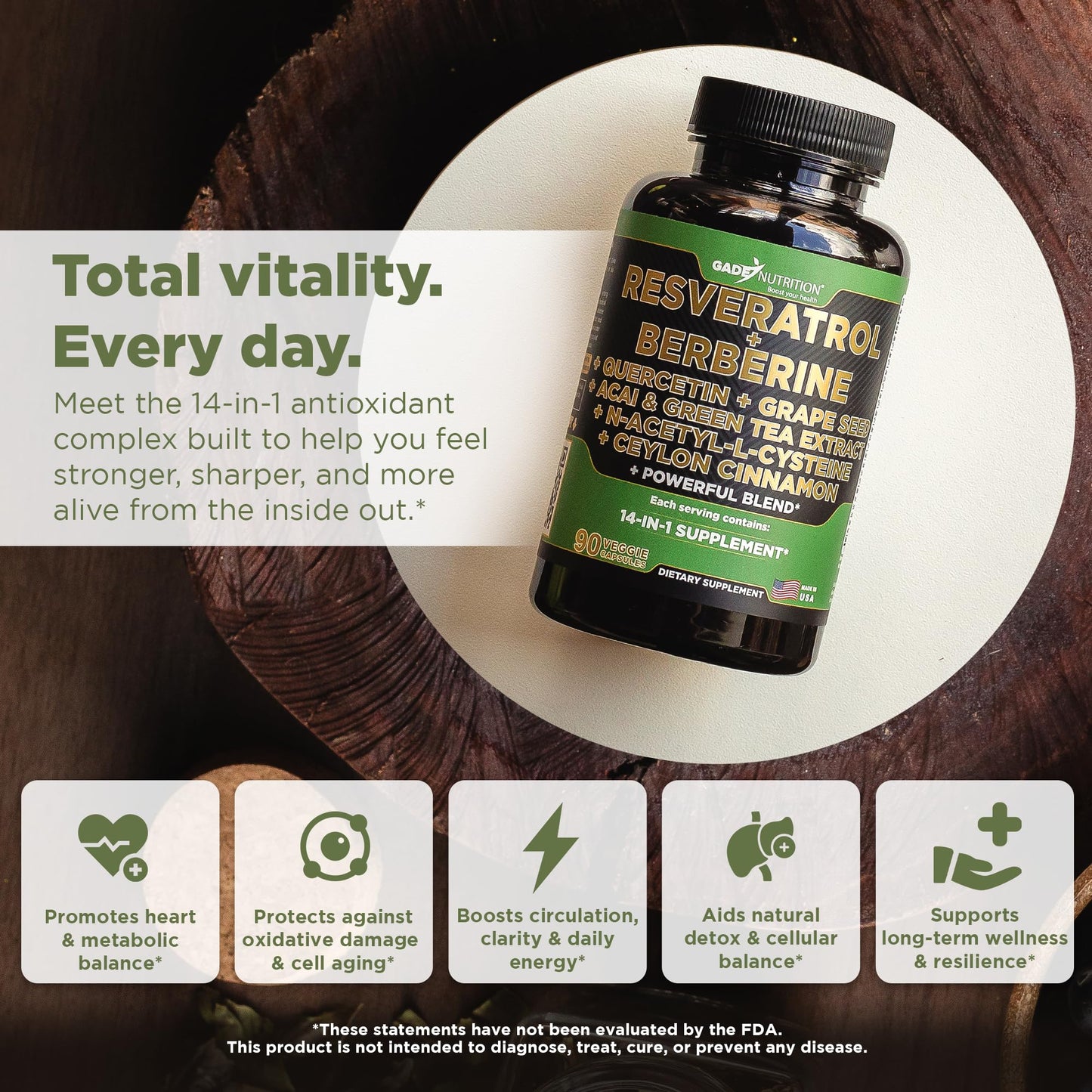 Gade Nutrition 14 in 1 Antioxidant Complex - Resveratrol, Berberine, Quercetin, Grape Seed, Green Tea, NAC, Cinnamon - Made in USA