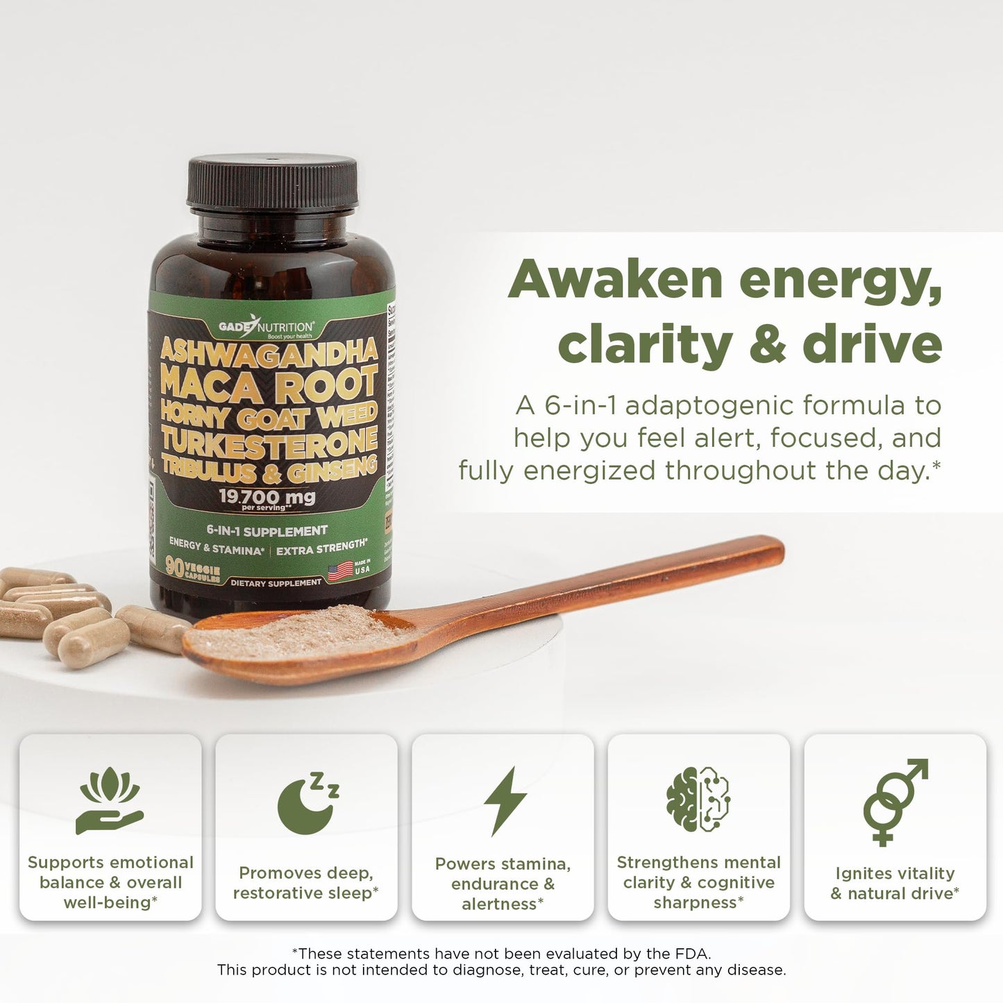 Gade Nutrition Ashwagandha 6-in-1 with Maca, Ginseng & Turkesterone | 90 Veg Capsules | Made in USA